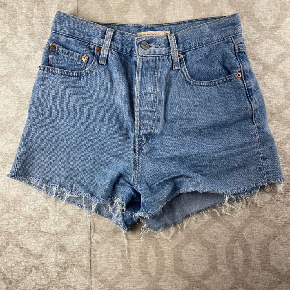 Levi's Premium Ribcage Shorts Womens 28 Blue Button Fly High Rise Cut Off Denim